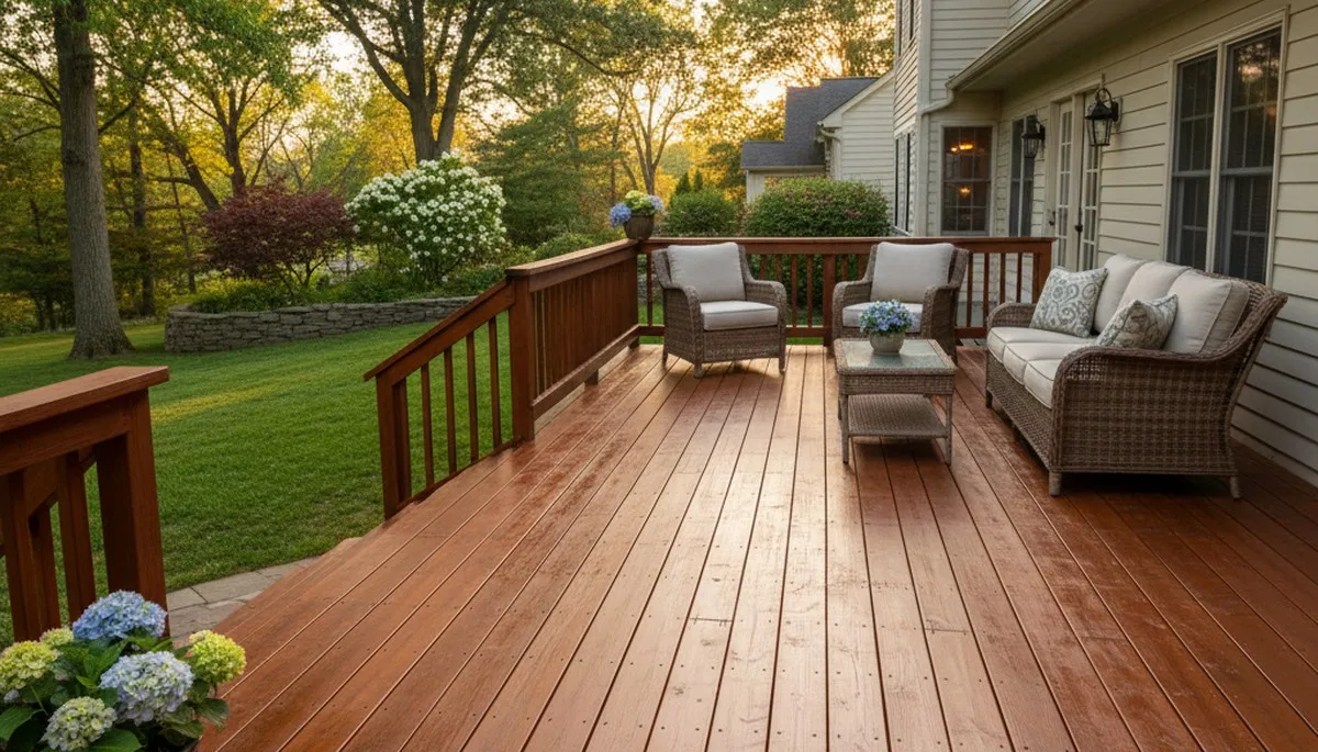 Finished deck staining in Allentown, PA highlighting rich wood color and durable weatherproof protection