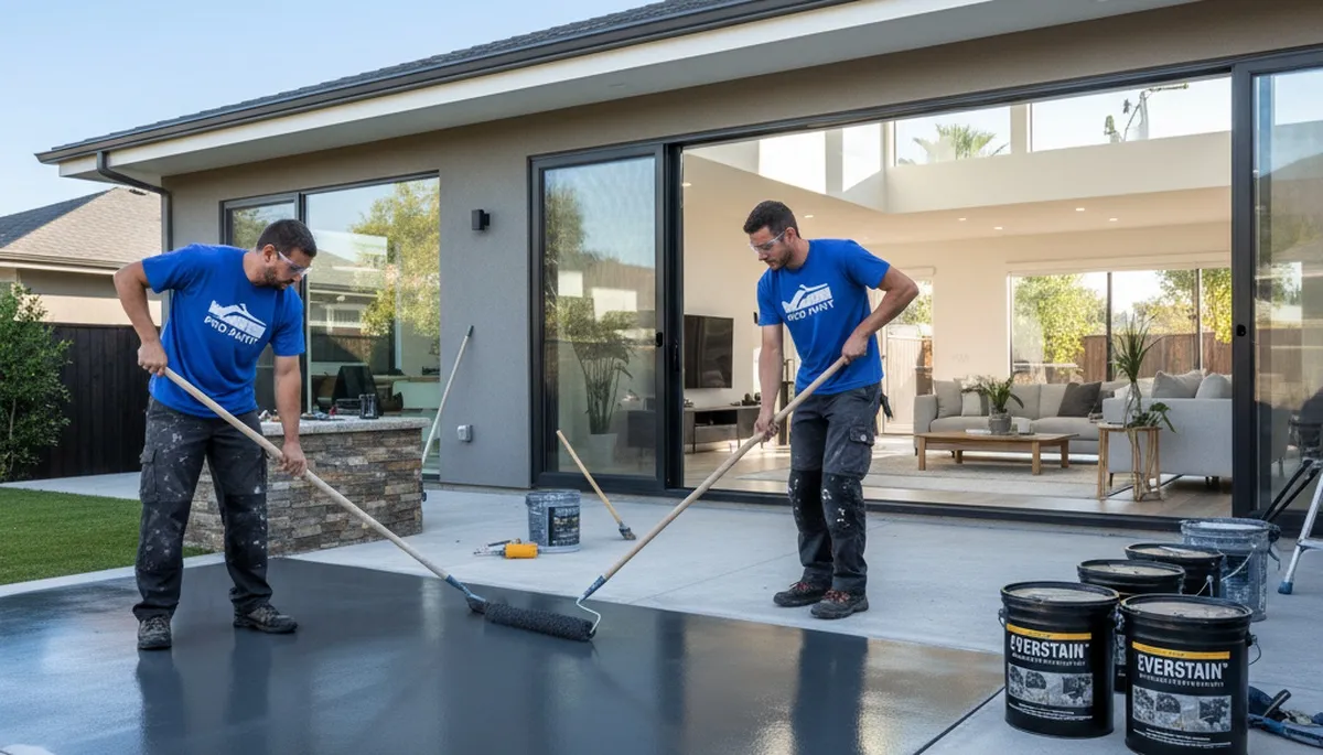 Professional concrete staining on residential patio in Allentown, PA by local house-painting experts