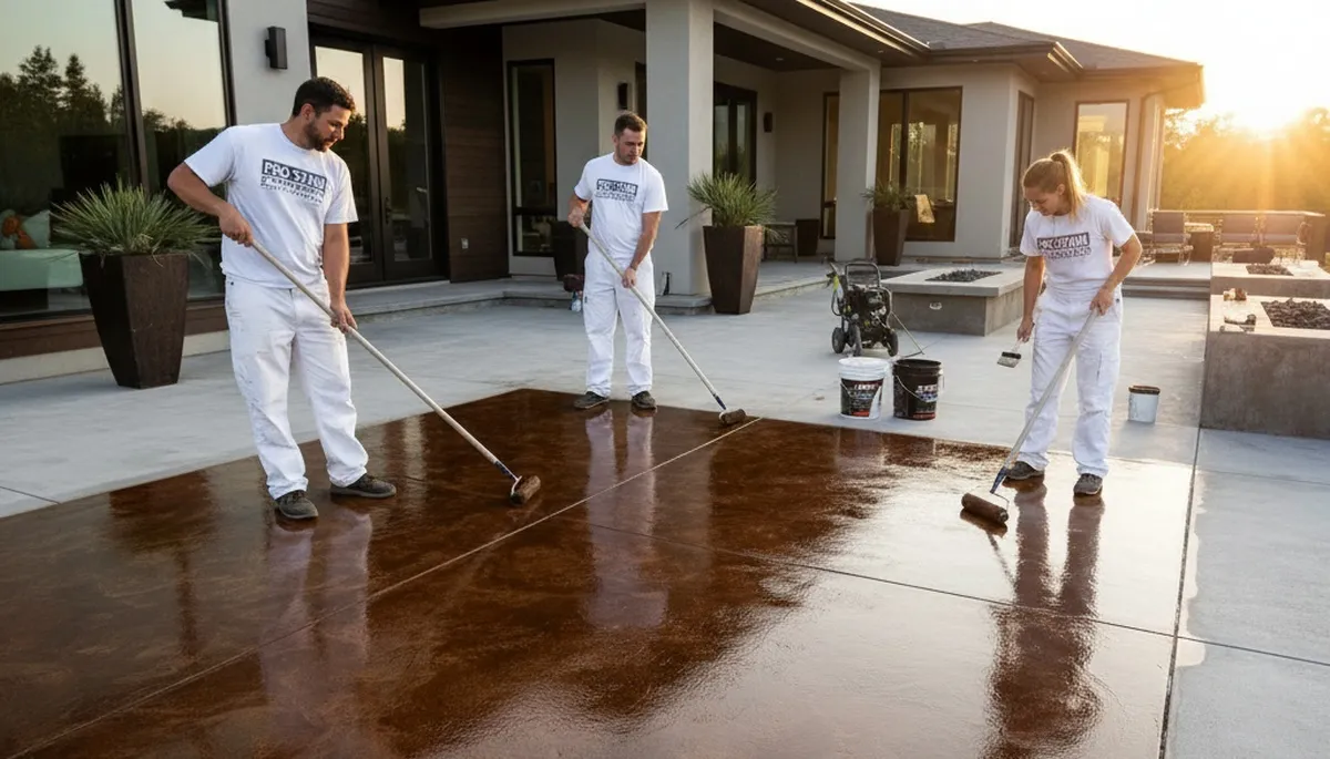 Professional concrete staining and sealing on patio surface in Allentown, PA by expert painters