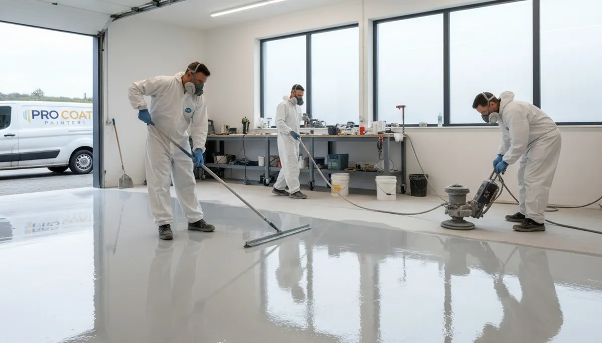Epoxy floor coating installation in an Allentown PA garage by professional house painters