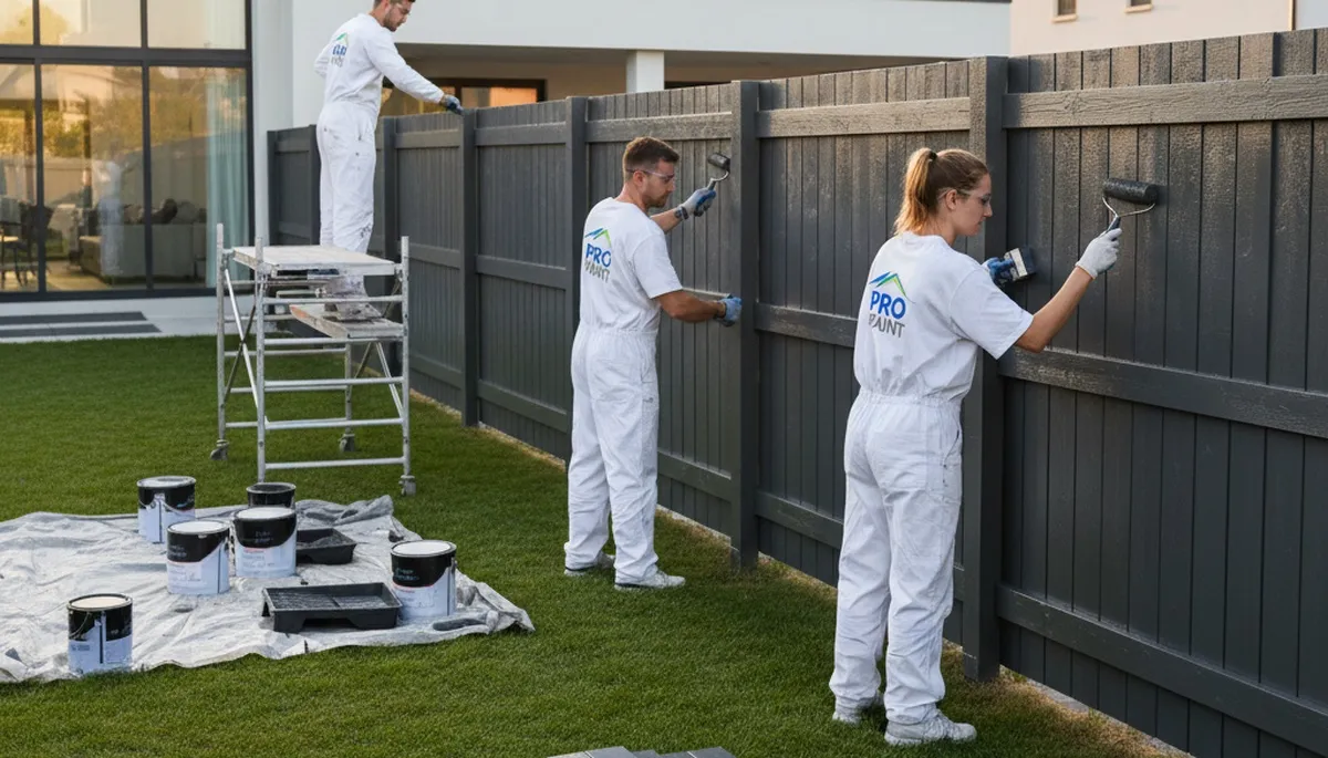 Professional fence painters coating wooden fence in Allentown, PA for long-lasting weather protection