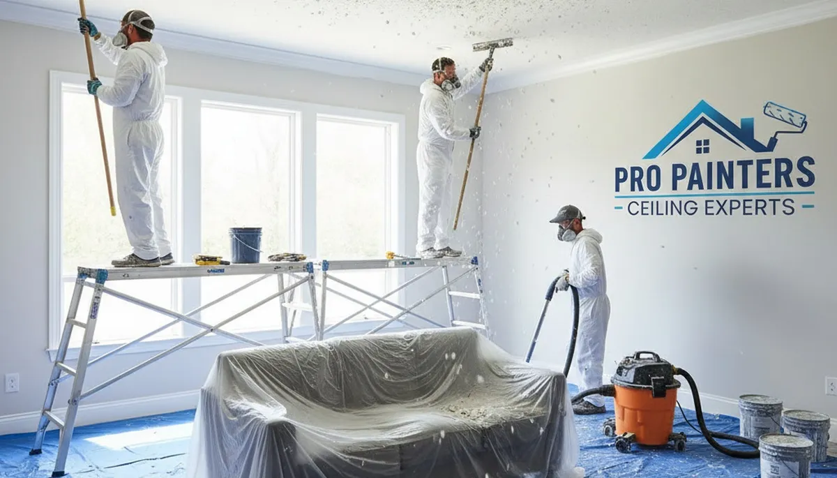 Professional popcorn ceiling removal in Allentown, PA home by expert painters transforming interior ceilings